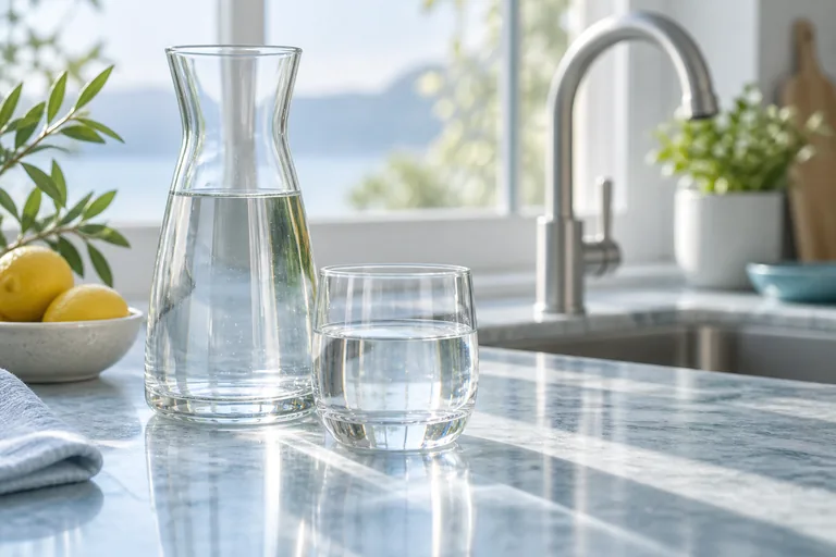A clear glass carafe and drinking glass on a pale blue kitchen counter.